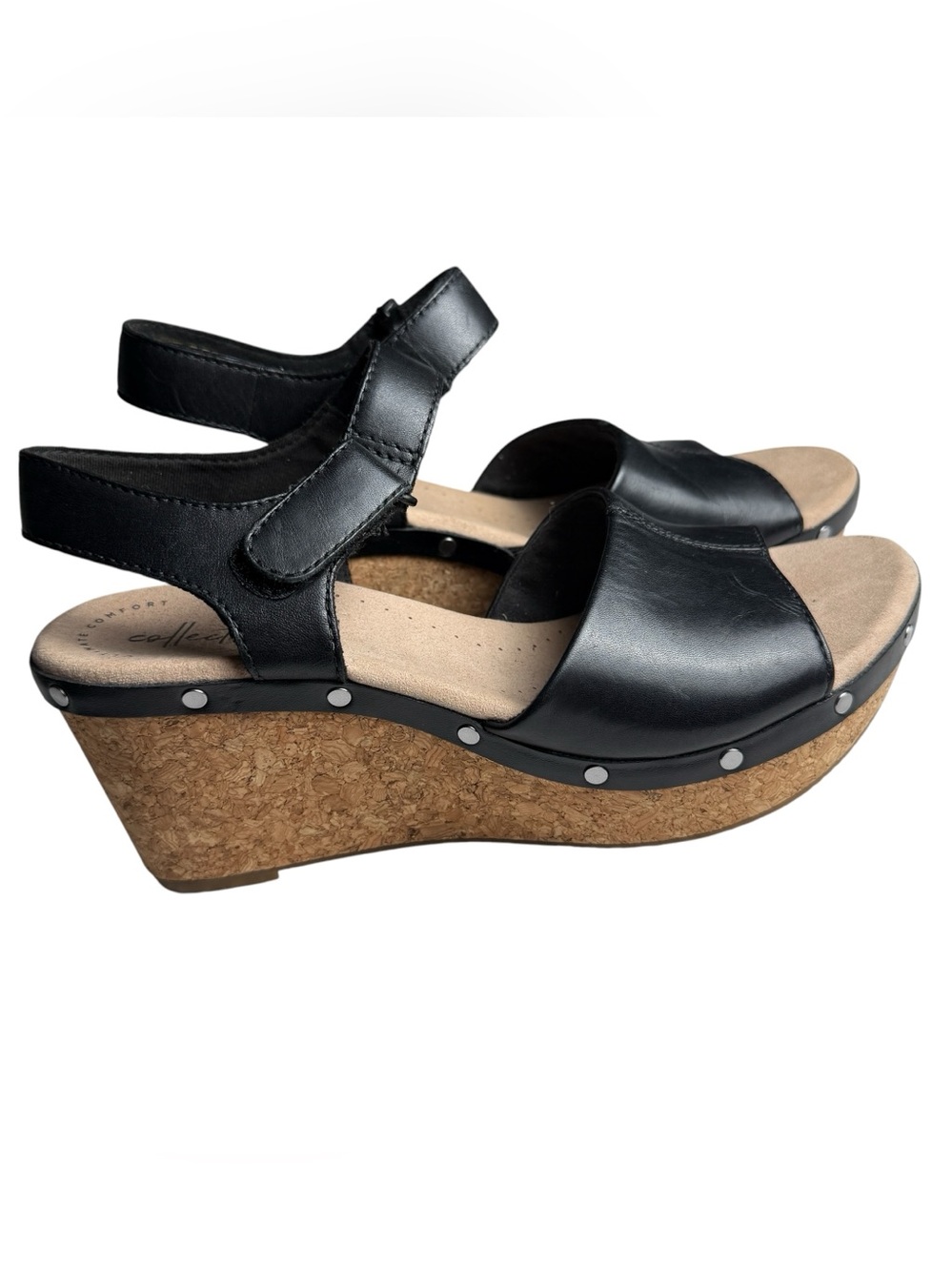 Clarks Wedge Sandals Annadel Clover Black 9 M Studded Cork Platform Ortholite